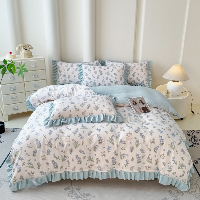 91家纺网 家纺一手货源 找家纺 晚爱家纺（原晚安家居） 2026韩版花边四件套 有氧针织双层纱天竺棉超柔小清新四件套 闲趣