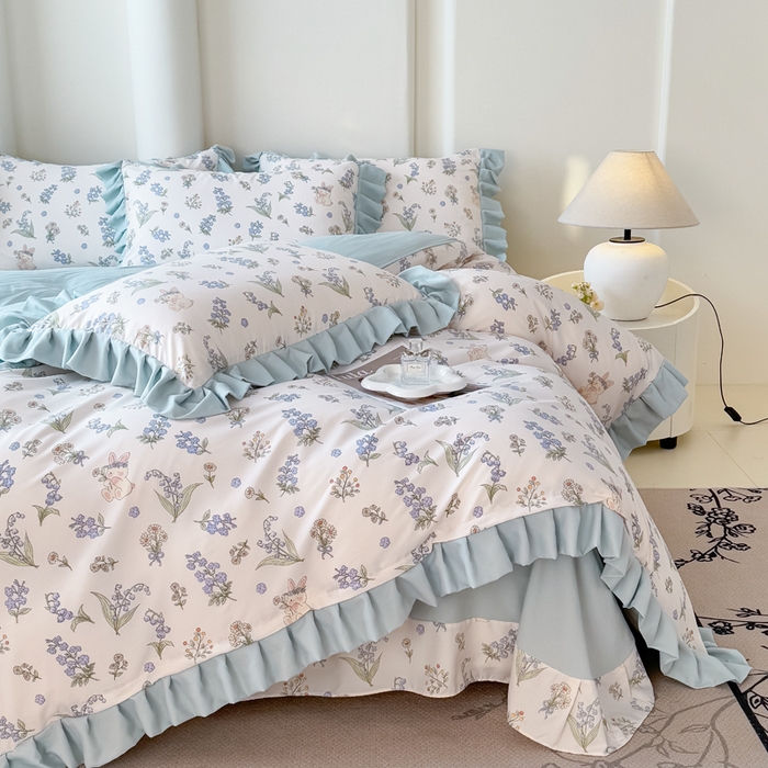 91家纺网 家纺一手货源 找家纺 晚爱家纺（原晚安家居） 2026韩版花边四件套 有氧针织双层纱天竺棉超柔小清新四件套 闲趣