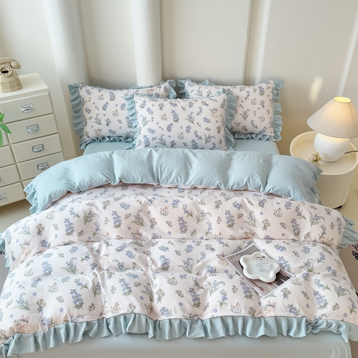 91家纺网 家纺一手货源 找家纺 晚爱家纺（原晚安家居） 2026韩版花边四件套 有氧针织双层纱天竺棉超柔小清新四件套 闲趣