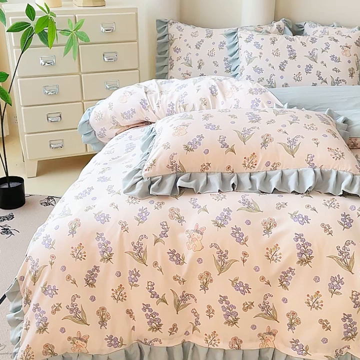 91家纺网 家纺一手货源 找家纺 晚爱家纺（原晚安家居） 2026韩版花边四件套 有氧针织双层纱天竺棉超柔小清新四件套 闲趣