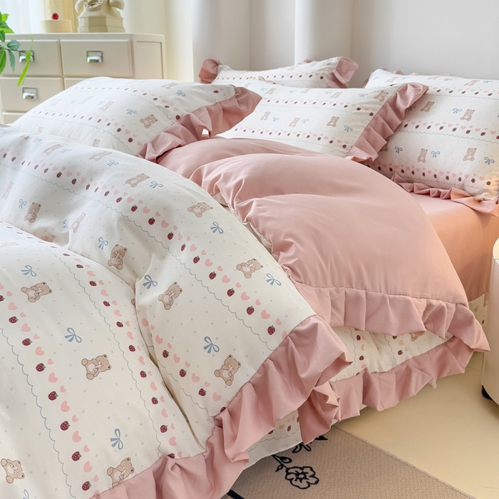 91家纺网 家纺一手货源 找家纺 晚爱家纺（原晚安家居） 2026韩版花边四件套 有氧针织双层纱天竺棉超柔小清新四件套 熊宝宝