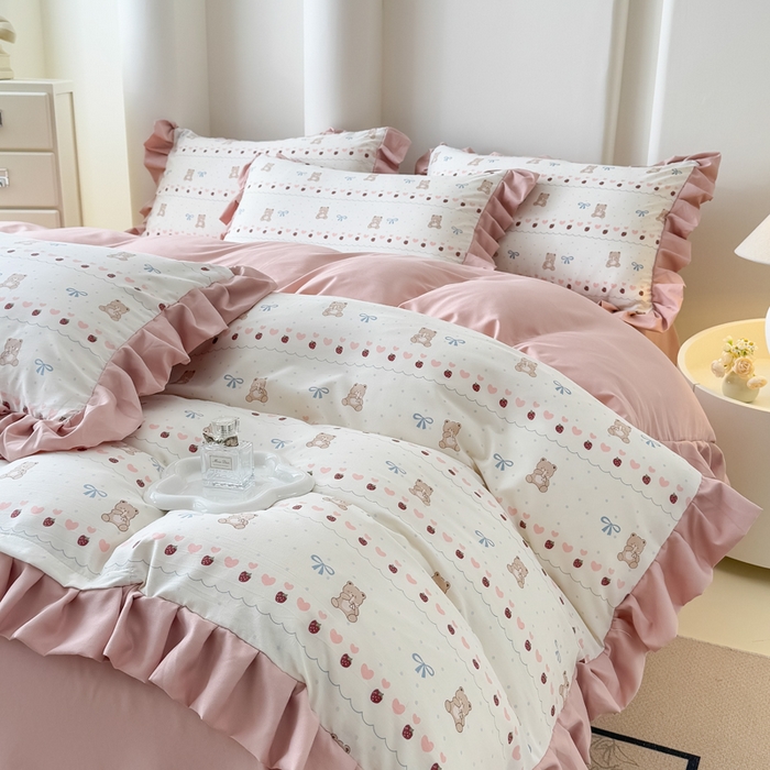 91家纺网 家纺一手货源 找家纺 晚爱家纺（原晚安家居） 2026韩版花边四件套 有氧针织双层纱天竺棉超柔小清新四件套 熊宝宝