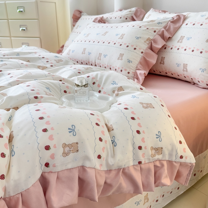 91家纺网 家纺一手货源 找家纺 晚爱家纺（原晚安家居） 2026韩版花边四件套 有氧针织双层纱天竺棉超柔小清新四件套 熊宝宝