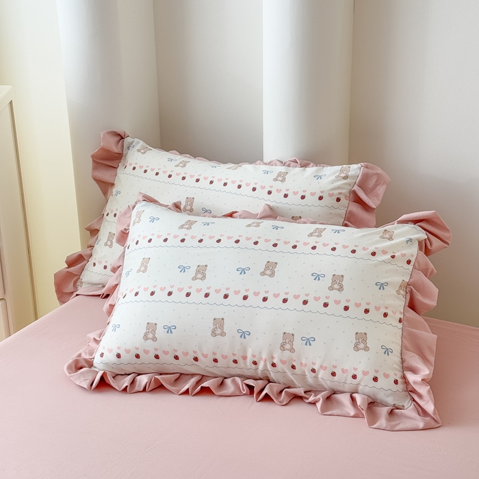 91家纺网 家纺一手货源 找家纺 晚爱家纺（原晚安家居） 2026韩版花边四件套 有氧针织双层纱天竺棉超柔小清新四件套 熊宝宝