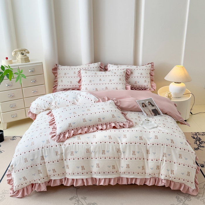 91家纺网 家纺一手货源 找家纺 晚爱家纺（原晚安家居） 2026韩版花边四件套 有氧针织双层纱天竺棉超柔小清新四件套 熊宝宝