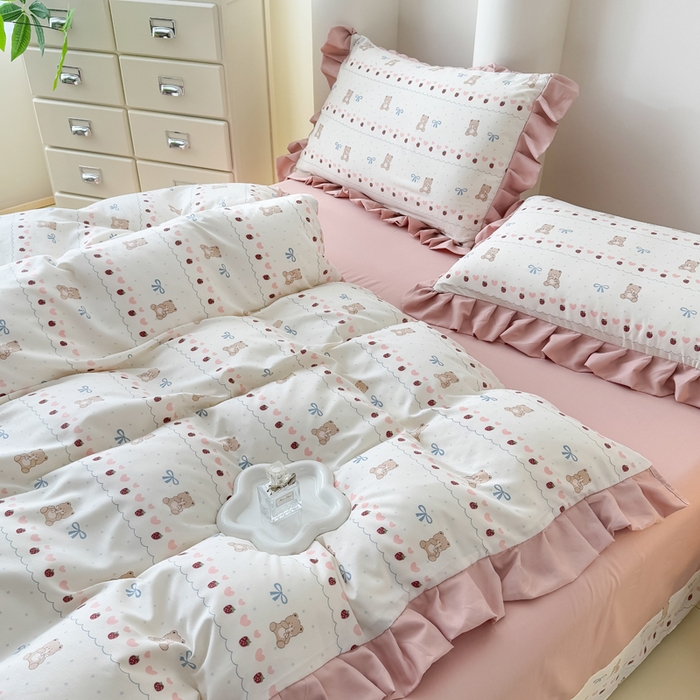 91家纺网 家纺一手货源 找家纺 晚爱家纺（原晚安家居） 2026韩版花边四件套 有氧针织双层纱天竺棉超柔小清新四件套 熊宝宝