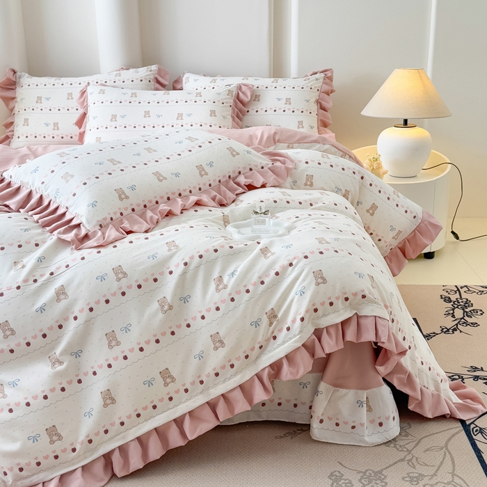 91家纺网 家纺一手货源 找家纺 晚爱家纺（原晚安家居） 2026韩版花边四件套 有氧针织双层纱天竺棉超柔小清新四件套 熊宝宝