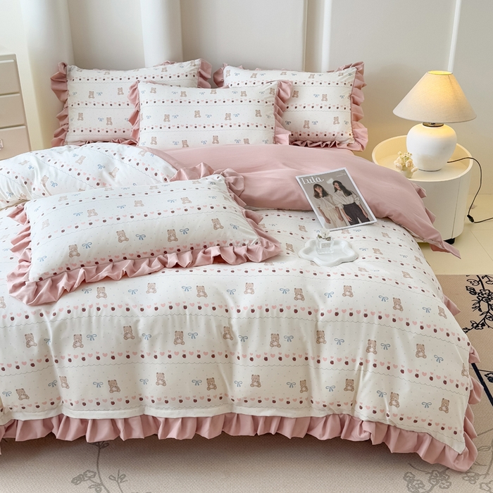 91家纺网 家纺一手货源 找家纺 晚爱家纺（原晚安家居） 2026韩版花边四件套 有氧针织双层纱天竺棉超柔小清新四件套 熊宝宝