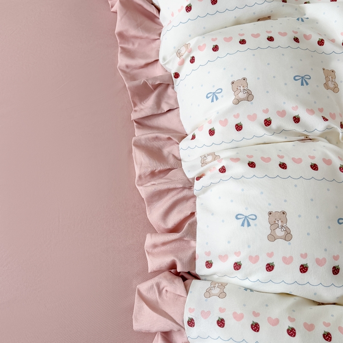 91家纺网 家纺一手货源 找家纺 晚爱家纺（原晚安家居） 2026韩版花边四件套 有氧针织双层纱天竺棉超柔小清新四件套 熊宝宝