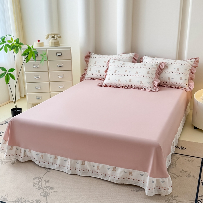 91家纺网 家纺一手货源 找家纺 晚爱家纺（原晚安家居） 2026韩版花边四件套 有氧针织双层纱天竺棉超柔小清新四件套 熊宝宝