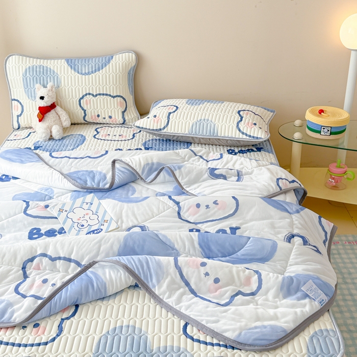 柒月家居 2026新款凉感丝小清新乳胶凉席夏被四件套系列 爱心小熊