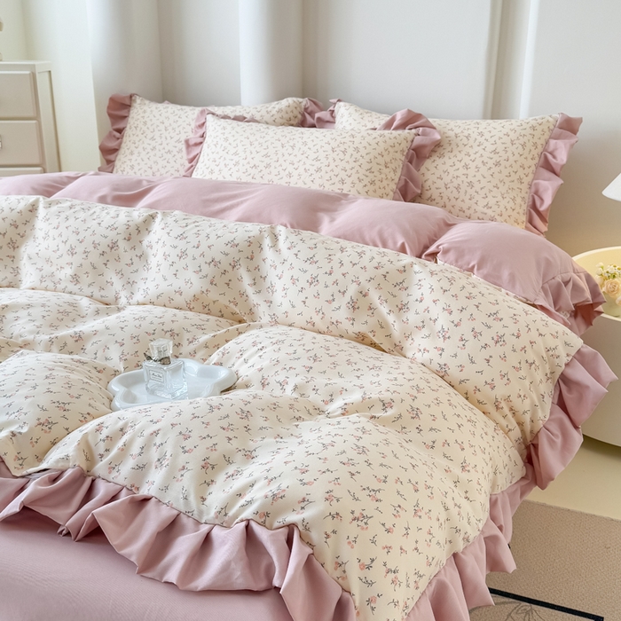 91家纺网 家纺一手货源 找家纺 晚爱家纺（原晚安家居） 2026韩版花边四件套 有氧针织双层纱天竺棉超柔小清新四件套 一束桔梗