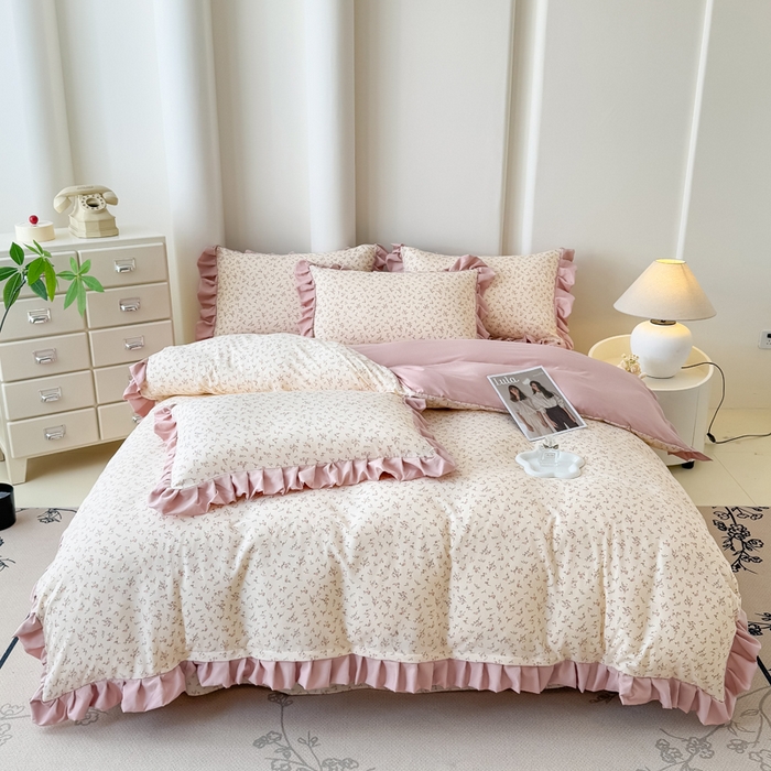 91家纺网 家纺一手货源 找家纺 晚爱家纺（原晚安家居） 2026韩版花边四件套 有氧针织双层纱天竺棉超柔小清新四件套 一束桔梗