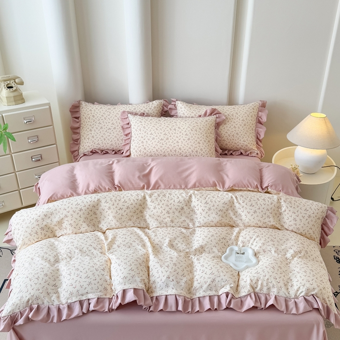 91家纺网 家纺一手货源 找家纺 晚爱家纺（原晚安家居） 2026韩版花边四件套 有氧针织双层纱天竺棉超柔小清新四件套 一束桔梗