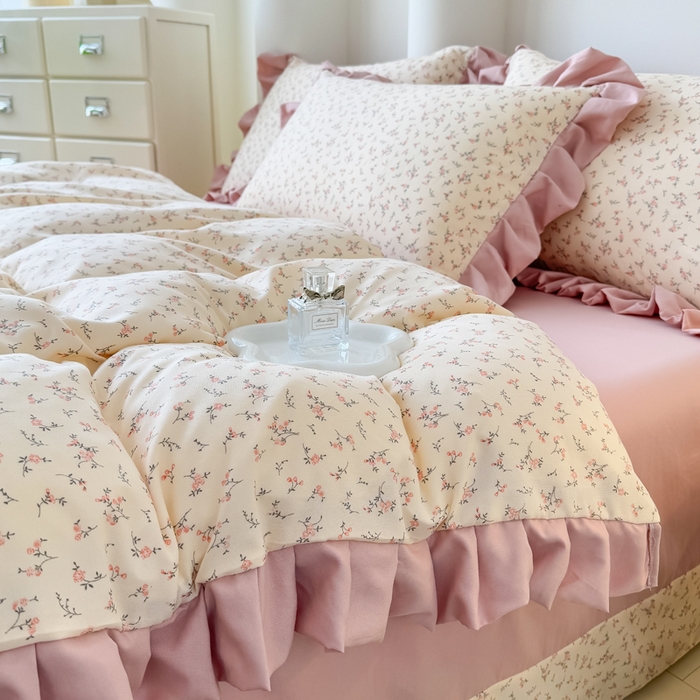 91家纺网 家纺一手货源 找家纺 晚爱家纺（原晚安家居） 2026韩版花边四件套 有氧针织双层纱天竺棉超柔小清新四件套 一束桔梗