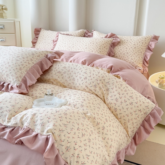 91家纺网 家纺一手货源 找家纺 晚爱家纺（原晚安家居） 2026韩版花边四件套 有氧针织双层纱天竺棉超柔小清新四件套 一束桔梗