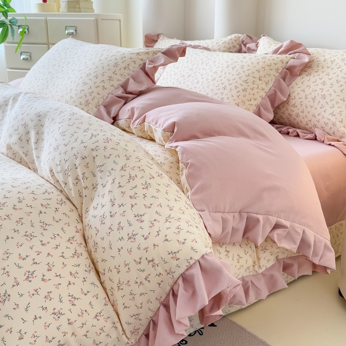 91家纺网 家纺一手货源 找家纺 晚爱家纺（原晚安家居） 2026韩版花边四件套 有氧针织双层纱天竺棉超柔小清新四件套 一束桔梗