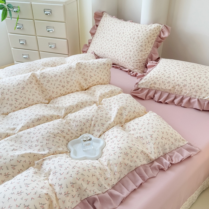 91家纺网 家纺一手货源 找家纺 晚爱家纺（原晚安家居） 2026韩版花边四件套 有氧针织双层纱天竺棉超柔小清新四件套 一束桔梗