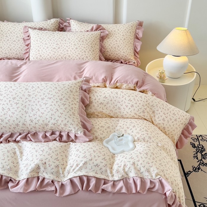 91家纺网 家纺一手货源 找家纺 晚爱家纺（原晚安家居） 2026韩版花边四件套 有氧针织双层纱天竺棉超柔小清新四件套 一束桔梗