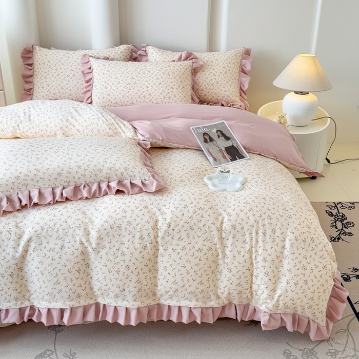 91家纺网 家纺一手货源 找家纺 晚爱家纺（原晚安家居） 2026韩版花边四件套 有氧针织双层纱天竺棉超柔小清新四件套 一束桔梗