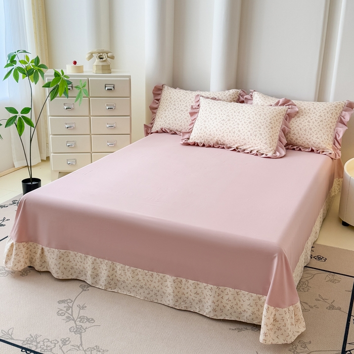 91家纺网 家纺一手货源 找家纺 晚爱家纺（原晚安家居） 2026韩版花边四件套 有氧针织双层纱天竺棉超柔小清新四件套 一束桔梗