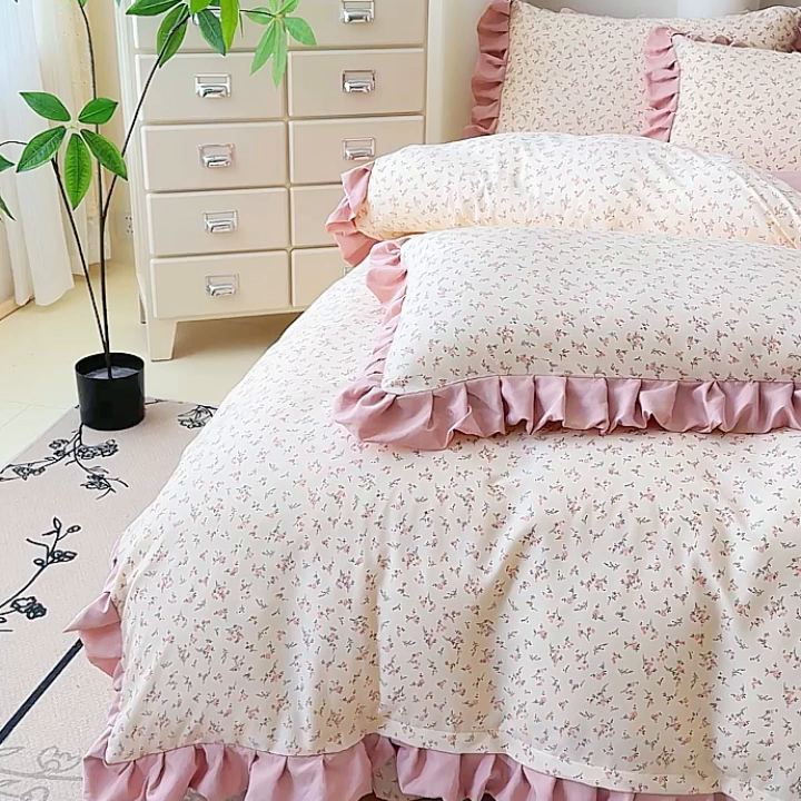 91家纺网 家纺一手货源 找家纺 晚爱家纺（原晚安家居） 2026韩版花边四件套 有氧针织双层纱天竺棉超柔小清新四件套 一束桔梗