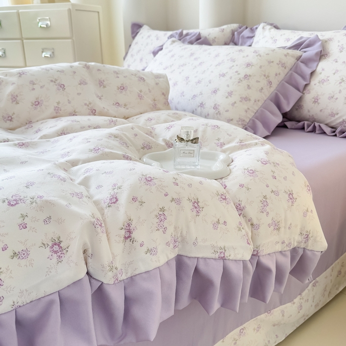 91家纺网 家纺一手货源 找家纺 晚爱家纺（原晚安家居） 2026韩版花边四件套 有氧针织双层纱天竺棉超柔小清新四件套 紫苏