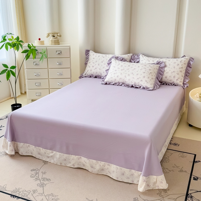 91家纺网 家纺一手货源 找家纺 晚爱家纺（原晚安家居） 2026韩版花边四件套 有氧针织双层纱天竺棉超柔小清新四件套 紫苏