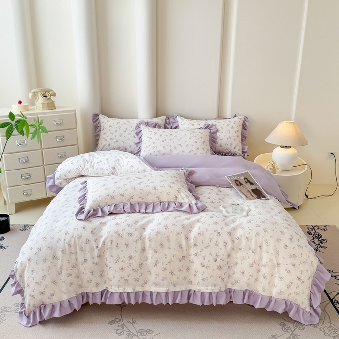 91家纺网 家纺一手货源 找家纺 晚爱家纺（原晚安家居） 2026韩版花边四件套 有氧针织双层纱天竺棉超柔小清新四件套 紫苏