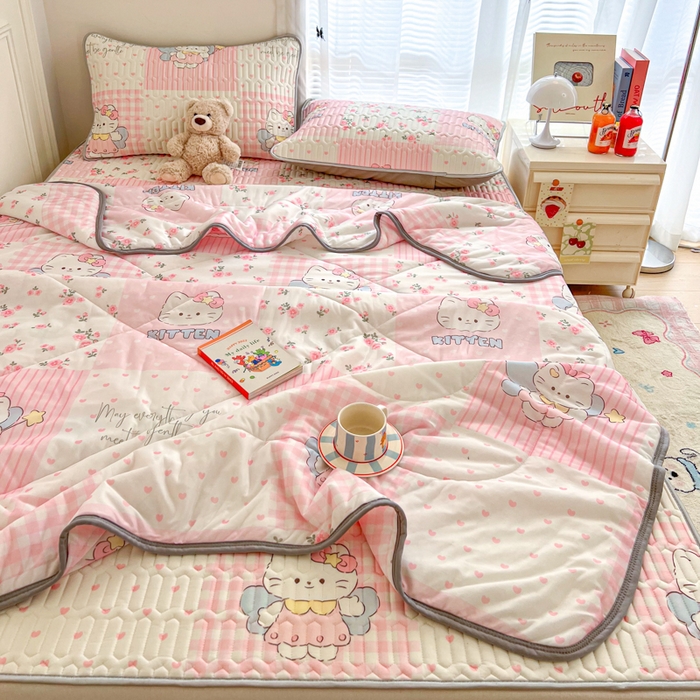 柒月家居 2026新款凉感丝小清新乳胶凉席夏被四件套系列 粉格凯蒂