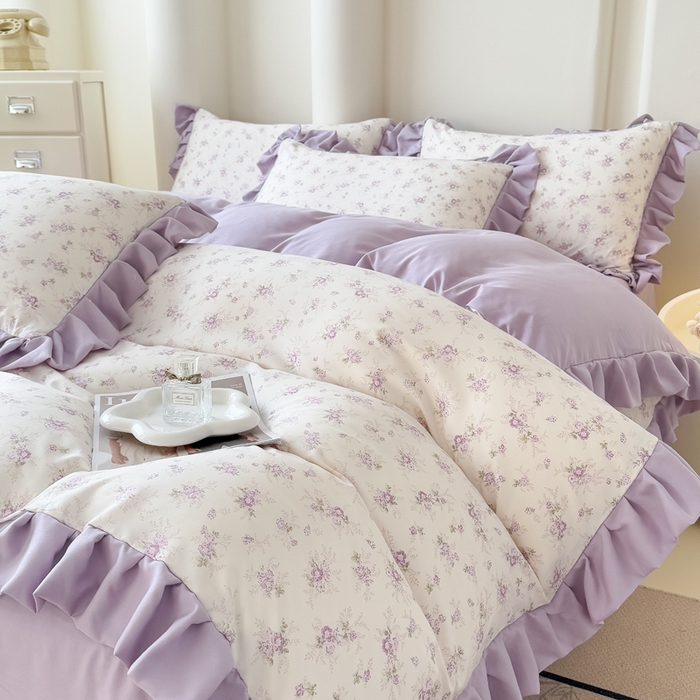 91家纺网 家纺一手货源 找家纺 晚爱家纺（原晚安家居） 2026韩版花边四件套 有氧针织双层纱天竺棉超柔小清新四件套 紫苏