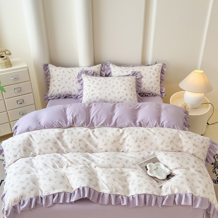 91家纺网 家纺一手货源 找家纺 晚爱家纺（原晚安家居） 2026韩版花边四件套 有氧针织双层纱天竺棉超柔小清新四件套 紫苏