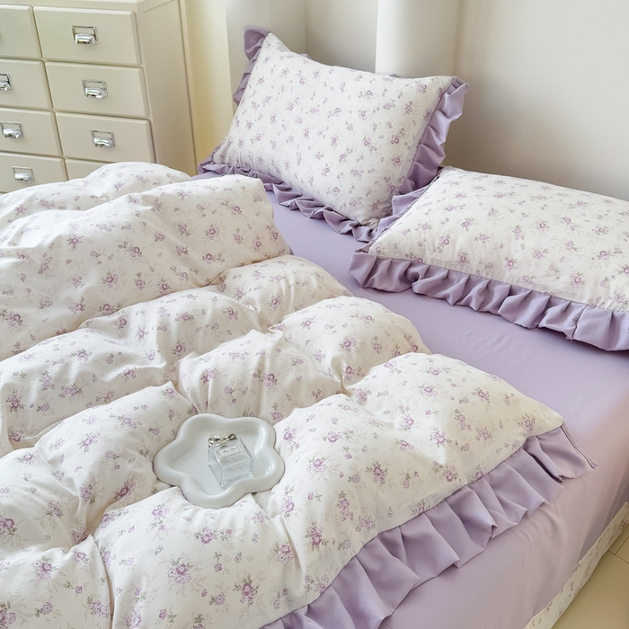 91家纺网 家纺一手货源 找家纺 晚爱家纺（原晚安家居） 2026韩版花边四件套 有氧针织双层纱天竺棉超柔小清新四件套 紫苏