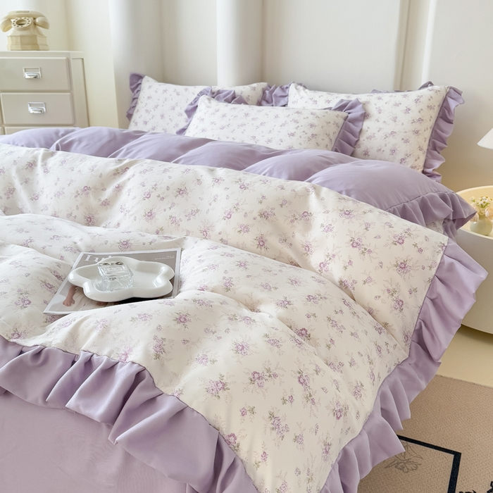 91家纺网 家纺一手货源 找家纺 晚爱家纺（原晚安家居） 2026韩版花边四件套 有氧针织双层纱天竺棉超柔小清新四件套 紫苏