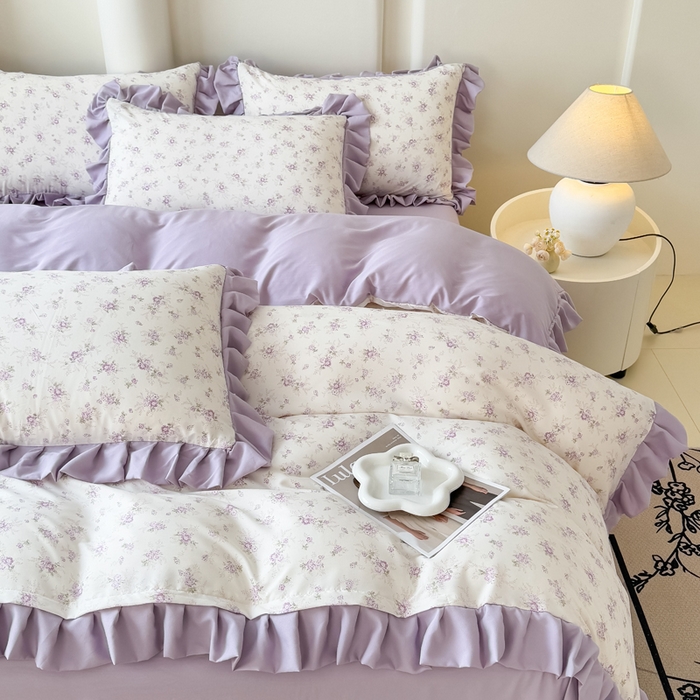 91家纺网 家纺一手货源 找家纺 晚爱家纺（原晚安家居） 2026韩版花边四件套 有氧针织双层纱天竺棉超柔小清新四件套 紫苏