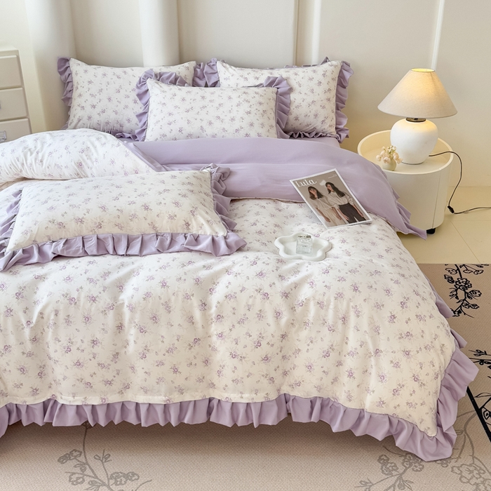 91家纺网 家纺一手货源 找家纺 晚爱家纺（原晚安家居） 2026韩版花边四件套 有氧针织双层纱天竺棉超柔小清新四件套 紫苏