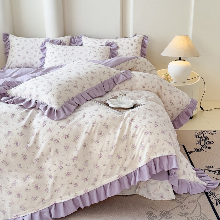 91家纺网 家纺一手货源 找家纺 晚爱家纺（原晚安家居） 2026韩版花边四件套 有氧针织双层纱天竺棉超柔小清新四件套 紫苏