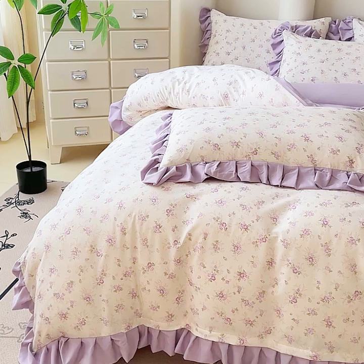 91家纺网 家纺一手货源 找家纺 晚爱家纺（原晚安家居） 2026韩版花边四件套 有氧针织双层纱天竺棉超柔小清新四件套 紫苏