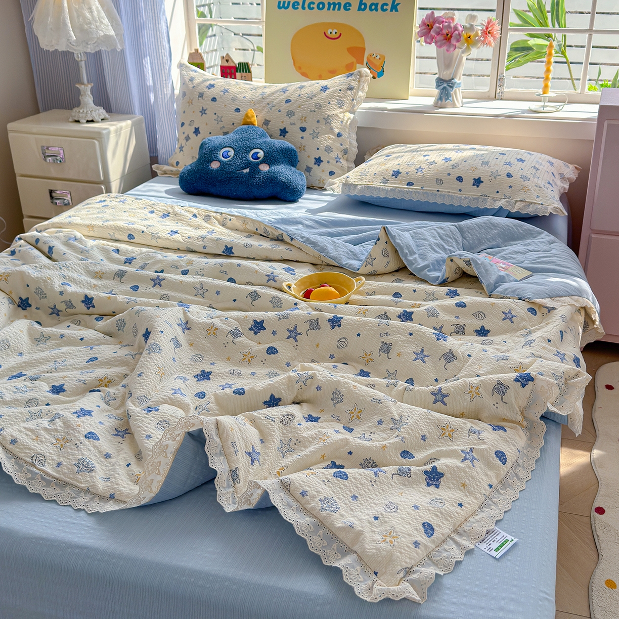 91家纺网 家纺一手货源 找家纺 弗苓家纺 2026新款高克重泡芙棉花边款夏被夏凉被空调被四件套小红书推荐-风格二 贝壳星