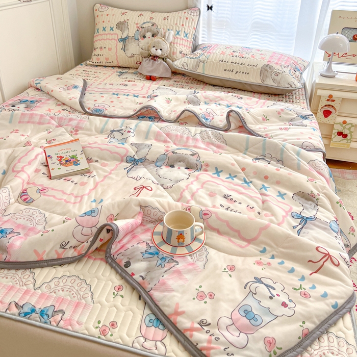 91家纺网 家纺一手货源 找家纺 柒月家居 2026新款凉感丝小清新乳胶凉席夏被四件套系列 奶盖猫咪