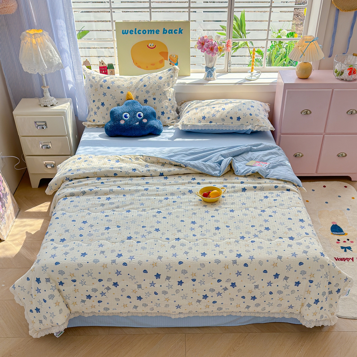 91家纺网 家纺一手货源 找家纺 弗苓家纺 2026新款高克重泡芙棉花边款夏被夏凉被空调被四件套小红书推荐-风格二 贝壳星