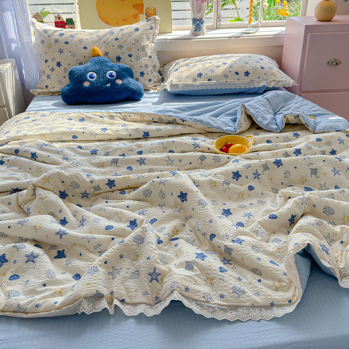 91家纺网 家纺一手货源 找家纺 弗苓家纺 2026新款高克重泡芙棉花边款夏被夏凉被空调被四件套小红书推荐-风格二 贝壳星