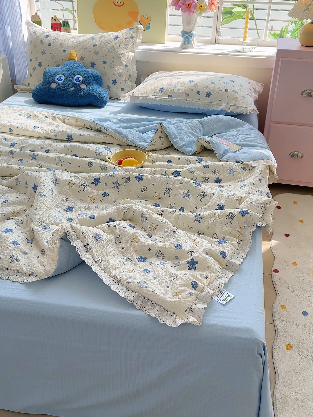 91家纺网 家纺一手货源 找家纺 弗苓家纺 2026新款高克重泡芙棉花边款夏被夏凉被空调被四件套小红书推荐-风格二 贝壳星