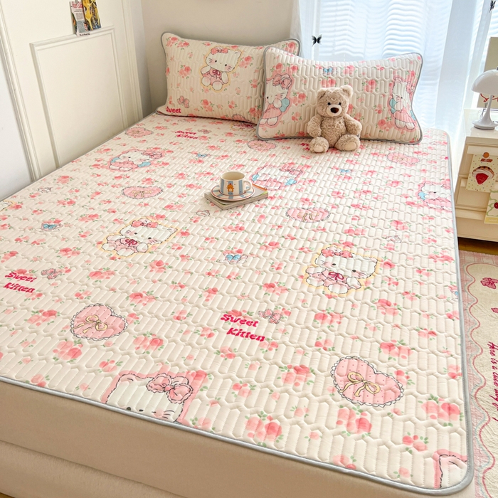 91家纺网 家纺一手货源 找家纺 柒月家居 2026新款凉感丝小清新乳胶凉席夏被四件套系列 桃桃奶猫