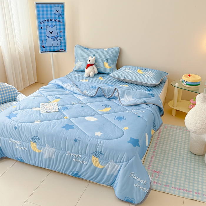 91家纺网 家纺一手货源 找家纺 柒月家居 2026新款凉感丝小清新乳胶凉席夏被四件套系列 星星月亮