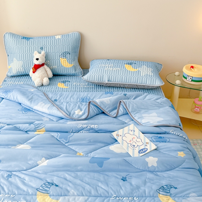 91家纺网 家纺一手货源 找家纺 柒月家居 2026新款凉感丝小清新乳胶凉席夏被四件套系列 星星月亮