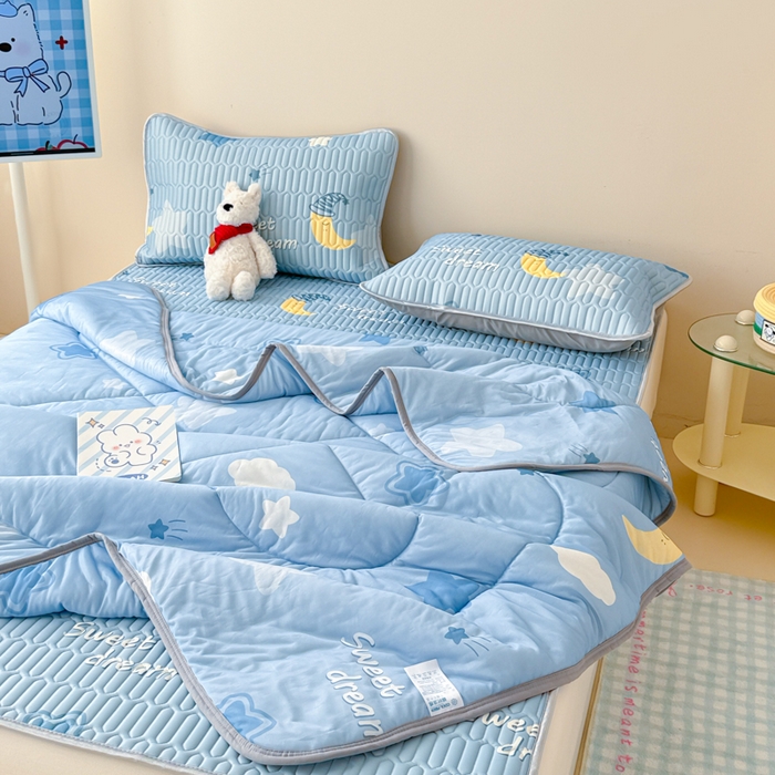 91家纺网 家纺一手货源 找家纺 柒月家居 2026新款凉感丝小清新乳胶凉席夏被四件套系列 星星月亮