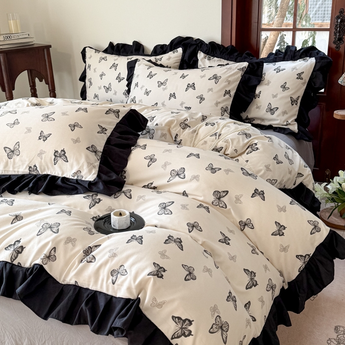 91家纺网 家纺一手货源 找家纺 晚爱家纺（原晚安家居） 2026新款法式花边水洗棉四件套赫本风韩版针织云朵棉三件套 法式风-蝴蝶