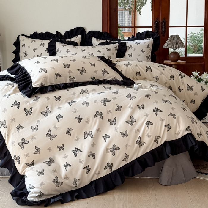 91家纺网 家纺一手货源 找家纺 晚爱家纺（原晚安家居） 2026新款法式花边水洗棉四件套赫本风韩版针织云朵棉三件套 法式风-蝴蝶