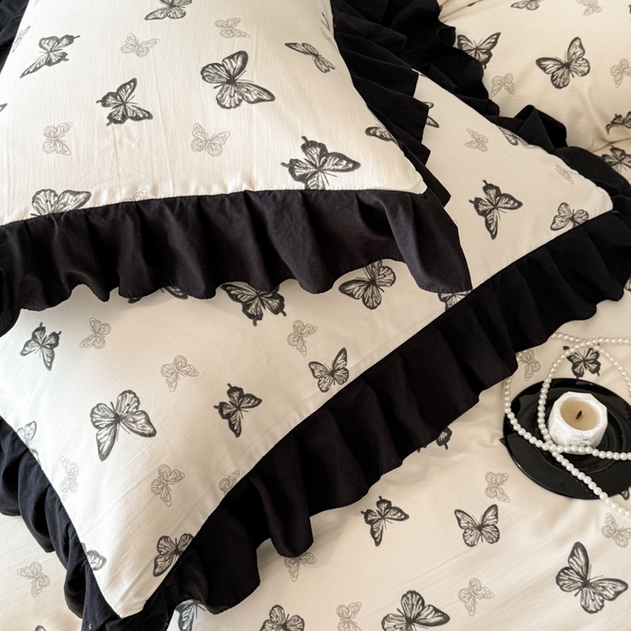 91家纺网 家纺一手货源 找家纺 晚爱家纺（原晚安家居） 2026新款法式花边水洗棉四件套赫本风韩版针织云朵棉三件套 法式风-蝴蝶